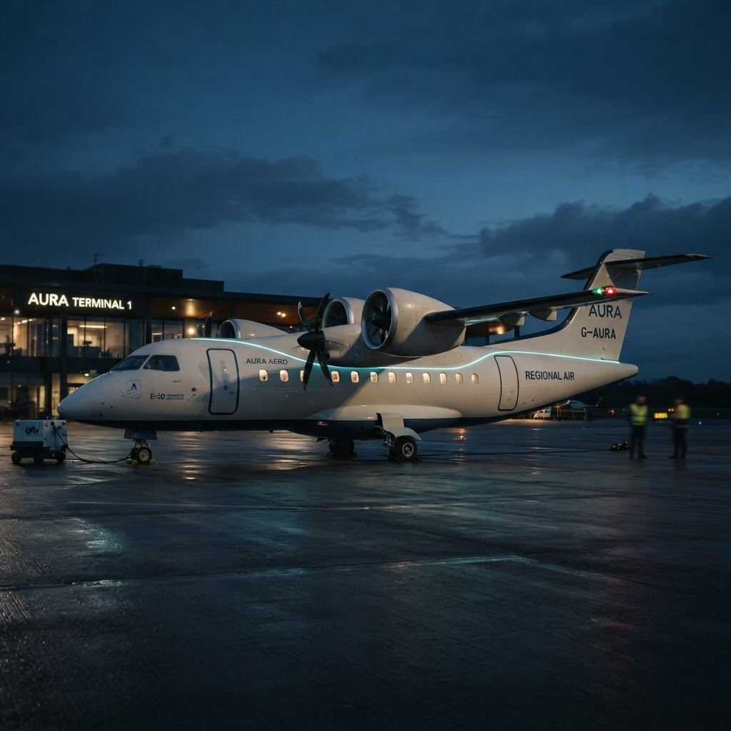 Hybrid-electric commuter aircraft parked at a private terminal at twilight