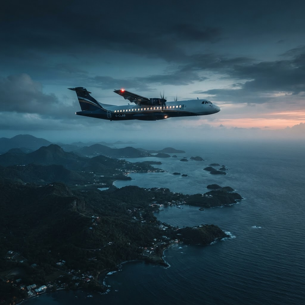 Regional aircraft in flight above the Caribbean coastline at dusk